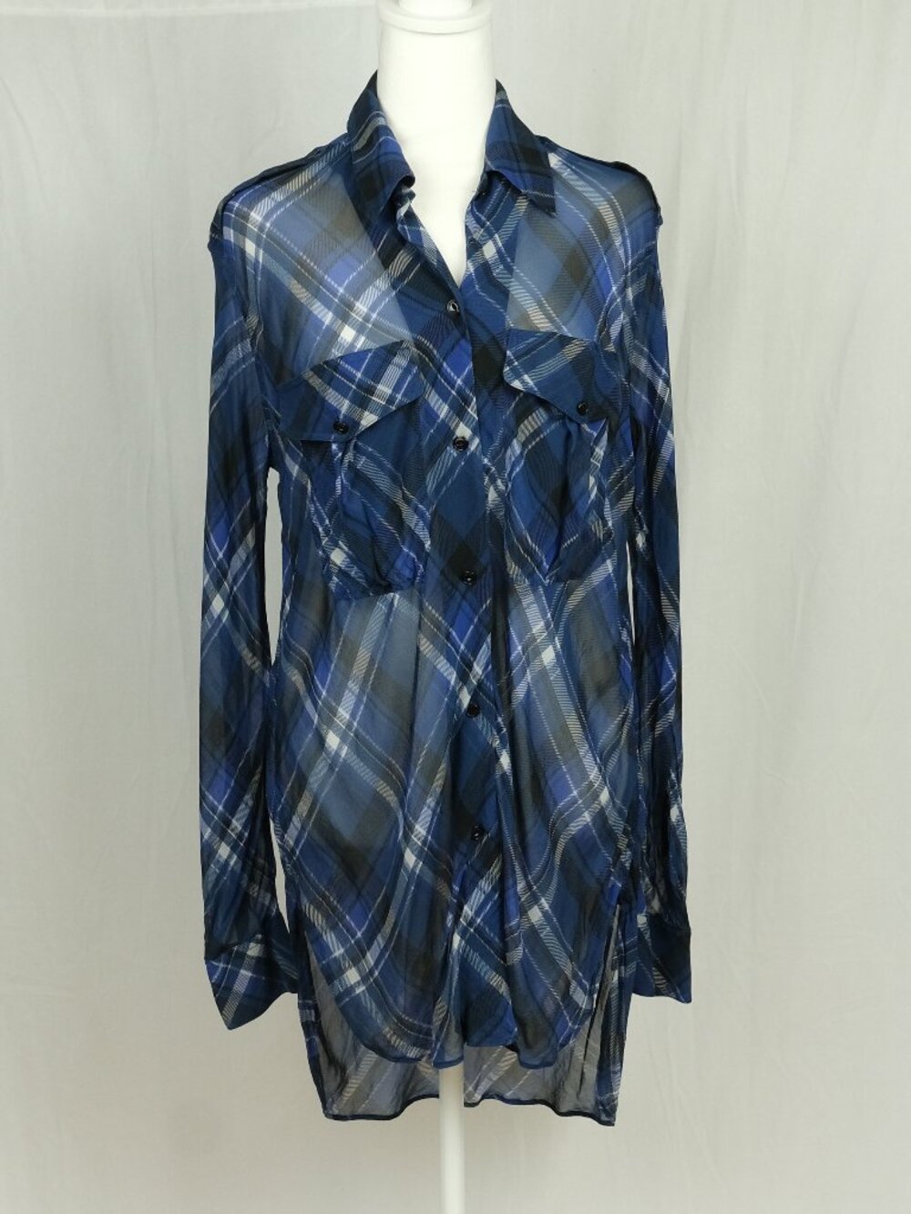 Rag & Bone Mason Blue Plaid Silk-Blend Blouse Shirt L